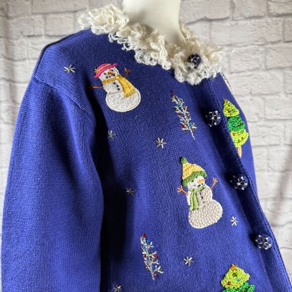 VTG Storybook Knits Snowman Wonderland Christmas Sweater Women's Small Cardigan - Picture 3 of 15